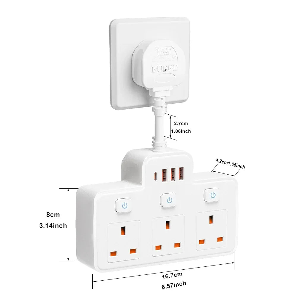 UK Plug AC Power Strip Wall Mounted Independent Switch Socket European Standard Plug With USB C Ports Charging Network Filter