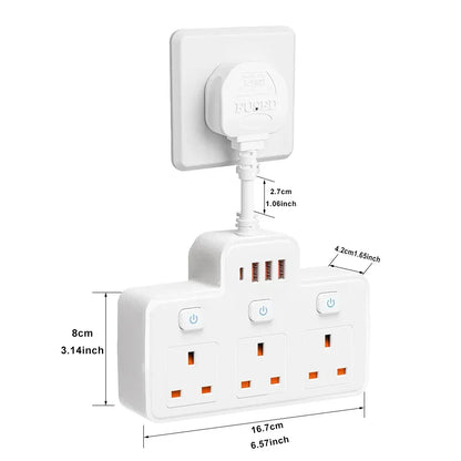 UK Plug AC Power Strip Wall Mounted Independent Switch Socket European Standard Plug With USB C Ports Charging Network Filter