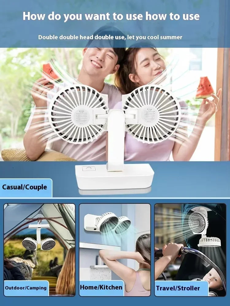 Double Head DesktopFan:4-speed fast cooling, 8000mAhbatterydigital display adjustable directionshakingfunction for household use
