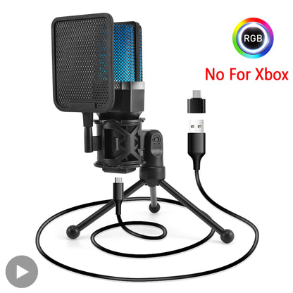 Professional Microphone Condenser Gaming Mic PC Laptop Computer USB Wired Streaming Studio Podcast Mike Kit Gamer RGB PC Karaoke