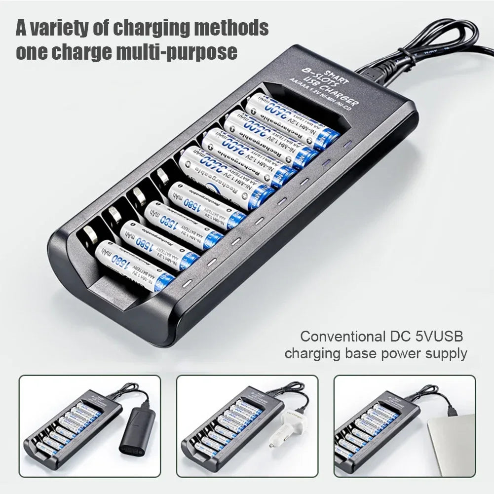 Rechargeable Battery Charger USB Output 8 Slots Fast Charging Short Circuit Protection for 1.2V NiMH AAA/AA Batteries Charger