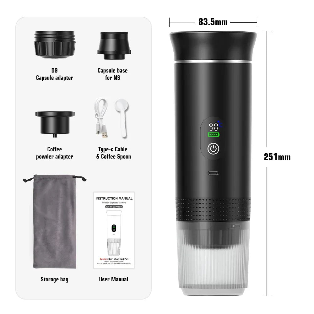 DENOKIN Portable Espresso Coffee Machine With Digital Display 3-in-1 Capsule Coffee Maker for Car & Home Camping Coffee Maker