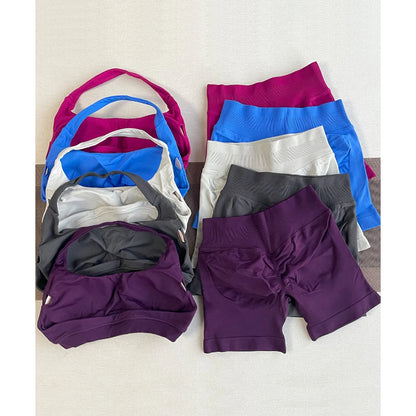 2 Pieces Yoga Gym Set Women Seamless Strappy Yoga Bra High Waist Workout Scrunch Shorts Sports Set Fitness Clothes Sportswear