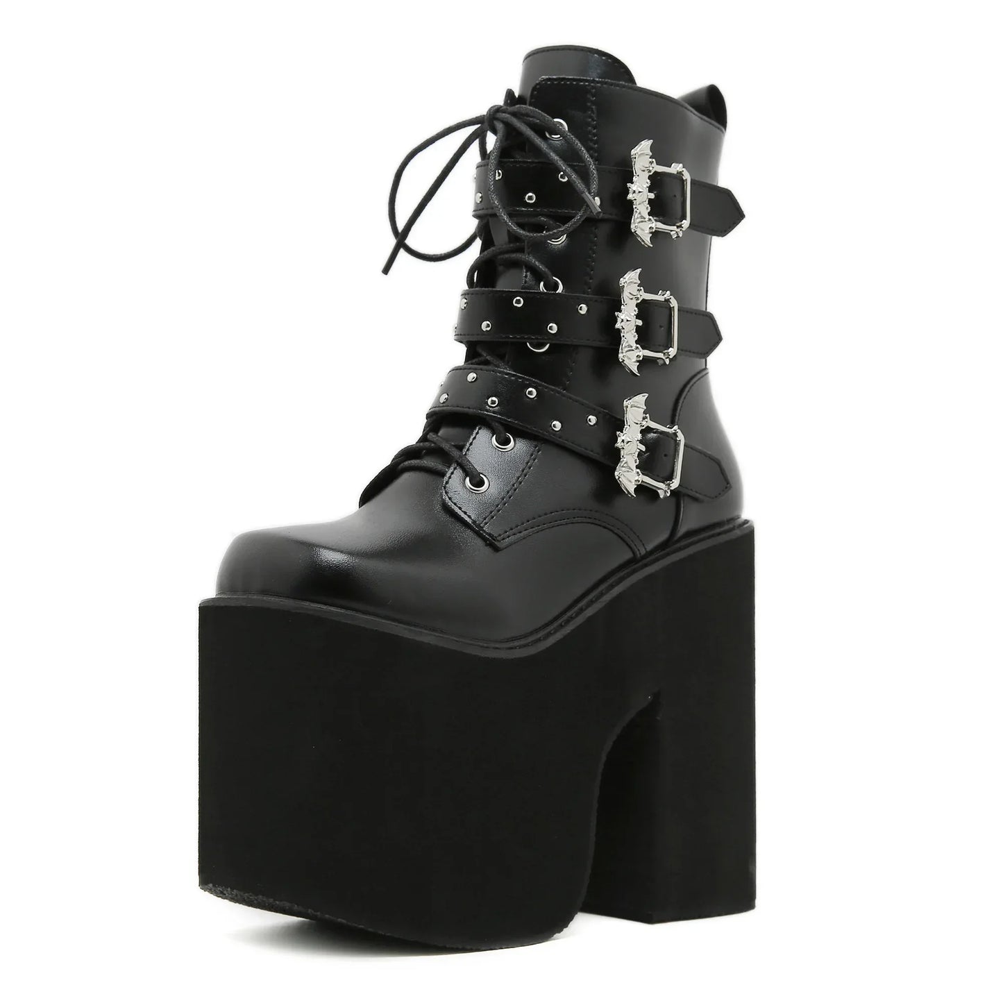 Gdgydh Lace up Chunky Heel Mid Calf Booties for Women Block High Heel Platform Combat Boots Gothic Metal Bat Gothic Shoes