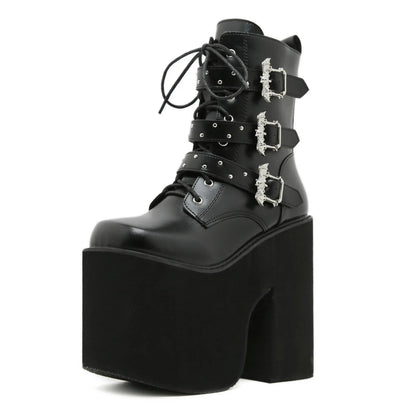 Gdgydh Lace up Chunky Heel Mid Calf Booties for Women Block High Heel Platform Combat Boots Gothic Metal Bat Gothic Shoes