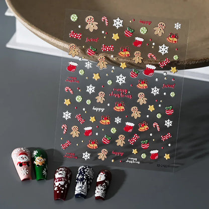 1pc Christmas Nail Art Stickers 5D Winter Holiday Themed Nail Decor Santa/Snowflakes/Christmas Trees/Gingerbread Nail Supplies *