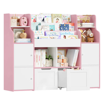 Getone Toy Storage , Childrens Bookcase,Unit 3-tier Kids Bookshelf, Kids Storage with 2 Drawers with Wheels, 4 Doors, 6 Open Shelves,multi-functional toy storage unit122x30x100cm
