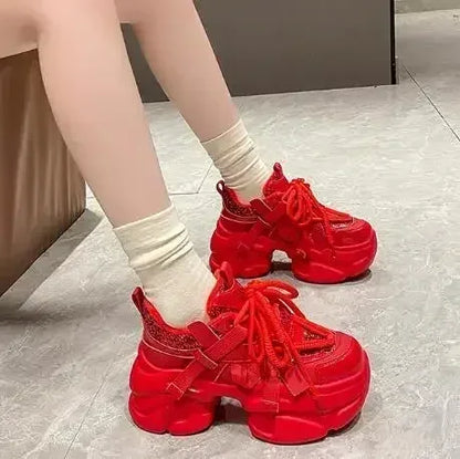 8CM Women Bling Red Chunky Sneakers Winter High Platform Warm Fur Shoes Ladies Wedges Casual Dad Shoes Leather Sports Sneakers