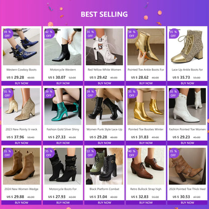 Motorcycle Western Cowboy Boots Women Snake PU Leather Short Cossacks High Heels Pointed Cowgirl Booties Buckle Womens Shoes
