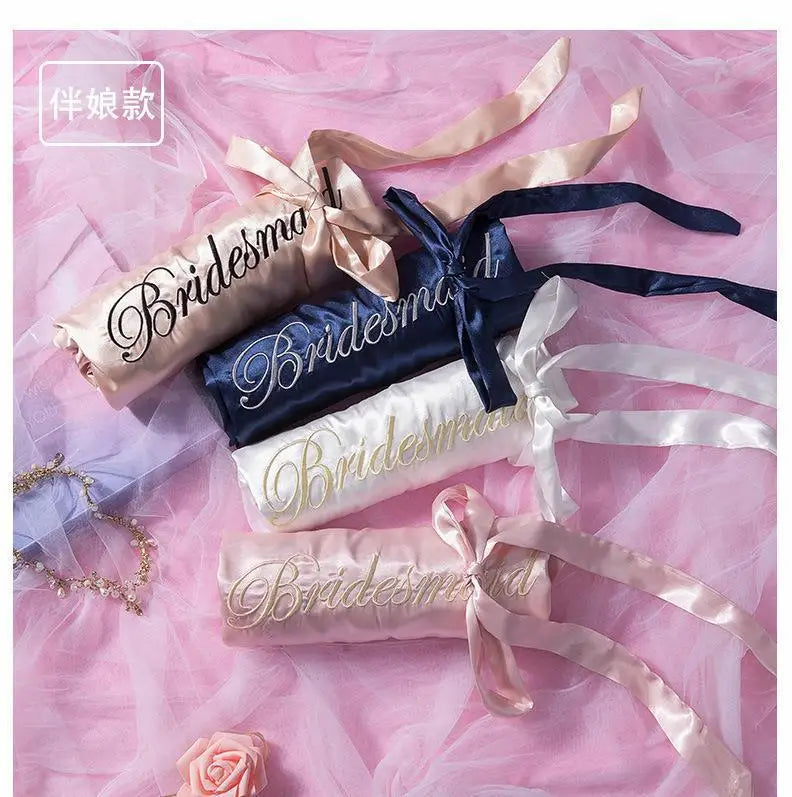 Bride Bridesmaid Wedding Robe Embroidery Kimono Bathrobe Gown Nightgown Casual Satin Short Women Sexy Nightwear Sleepwear