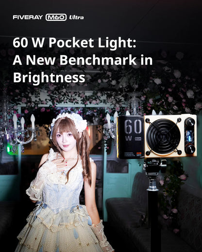 ZHIYUN FIVERAY M60 Ultra 60W RGB COB Pocket Light, High CRI ≥95, Full-Color 2500‑10000K, 4500mAh Battery, APP Control for Vlog
