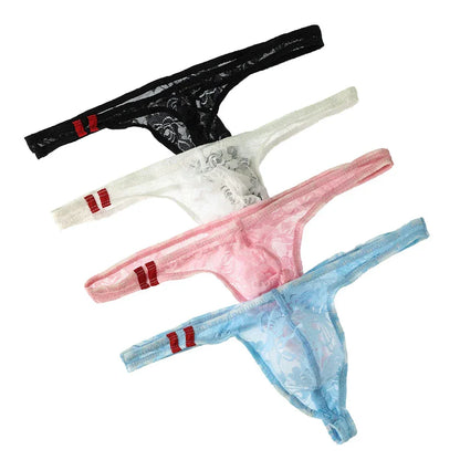 Men's Underwear Lace Transparent Jockstrap Low-Rise Sexy Breathable Elastic Soft Mesh U Convex Briefs Quick Drying Underpants
