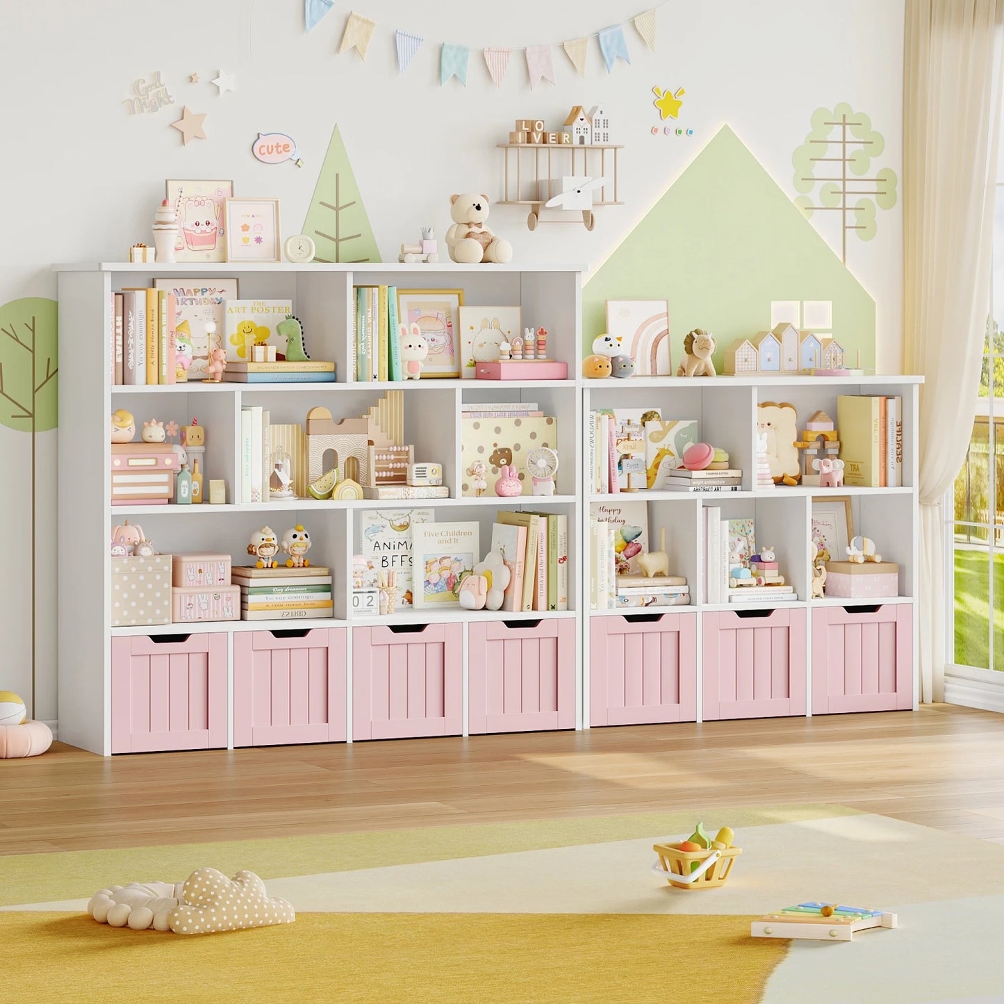 Getone Kids Toy Storage Unit Childrens Bookcase with 4 roller drawers 8 shelves Toy Organiser Kids Bookshelf for Nursery Playroom 125.5x33x118cm White/ Pink