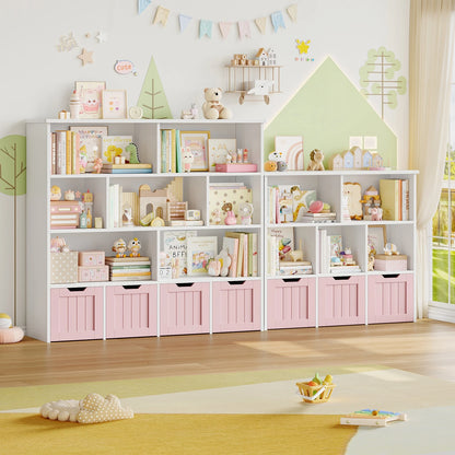 Getone Kids Toy Storage Unit Childrens Bookcase with 4 roller drawers 8 shelves Toy Organiser Kids Bookshelf for Nursery Playroom 125.5x33x118cm White/ Pink