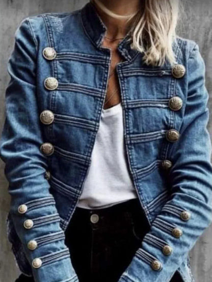 Women's Denim Jackets Autumn Winter Button Vintage Stand Collar Long Sleeve Streetwear Denim Coat Fashion Outerwear 2024