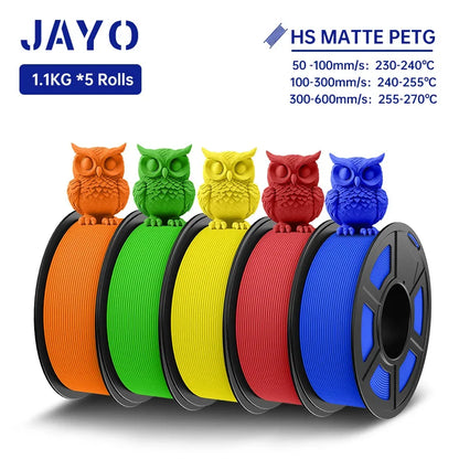 JAYO PETG 3D Filament 1.75MM High Speed PETG 3D Printer Filament 5Rolls High Flow Speedy Matte Effect 3D Printing Mateials