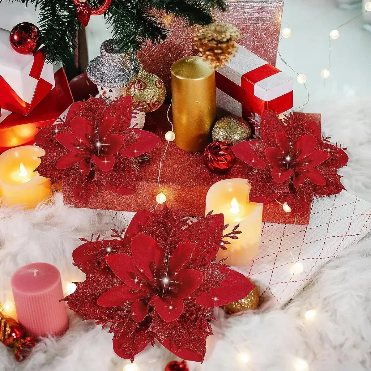 10/1Pc Christmas Glitter Artificial Flowers DIY Christmas Tree Hanging Ornaments Fake Flower For Xmas New Year Party Decor Gifts