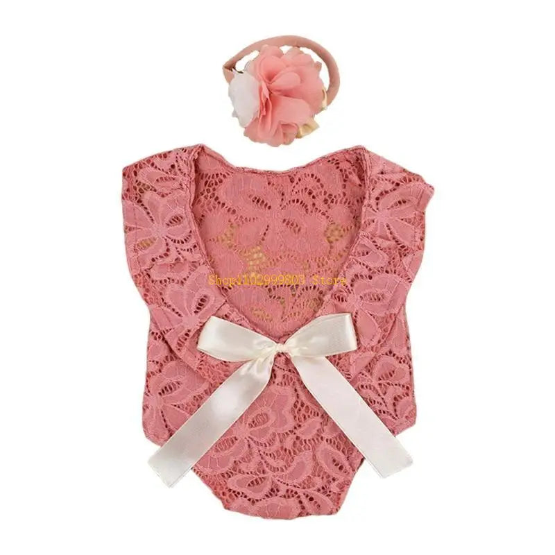 Baby Bow Lace Romper Headband Set Newborn Photography Props Bodysuit Jumpsuit with Flower Hair Band Infants Fotografie Outfits