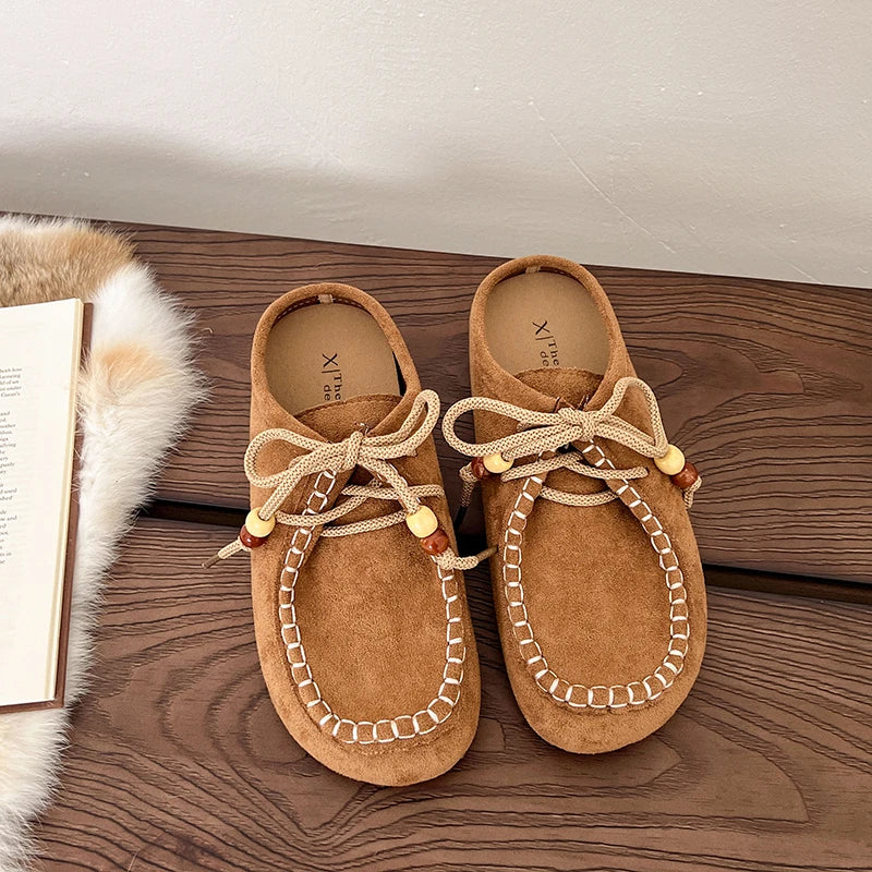 Baotou Slippers Spring New Round Head Deep Mouth Cow Suede Beaded Metal Buckle Soft Sole Anti-slip Wear-resistant Flat Shoes