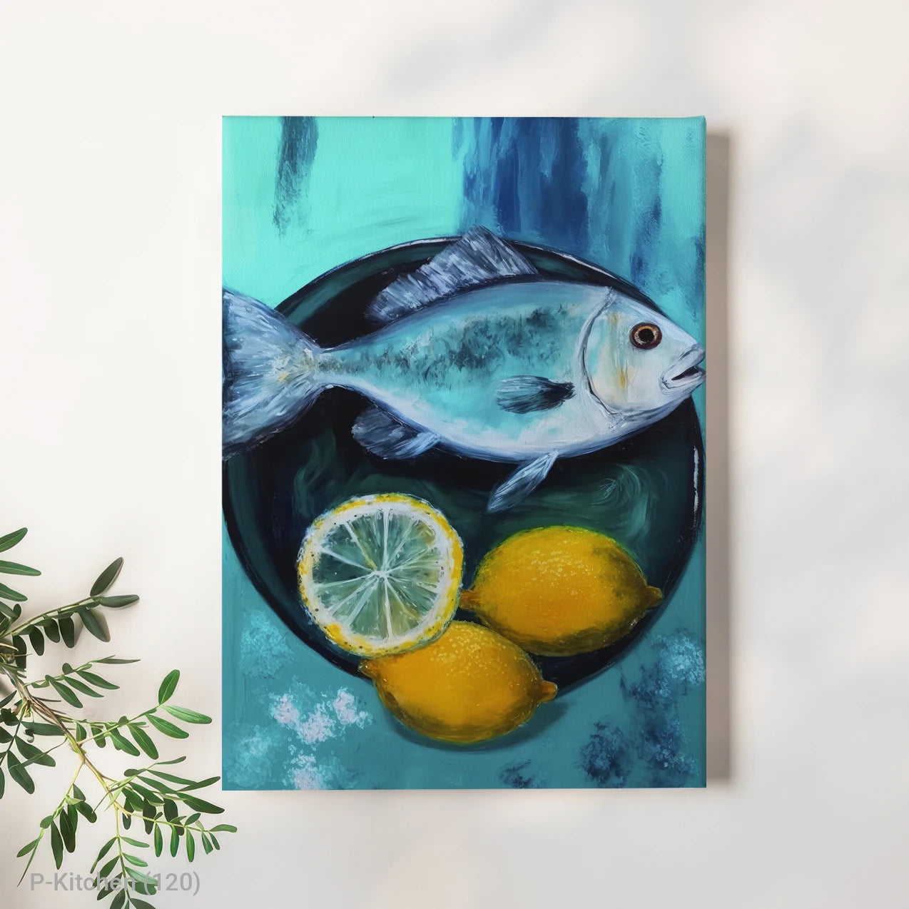 Kitchen Canvas Print Impressionist Lemon and Sardine Painting Modern Wood Frame Wall Decor