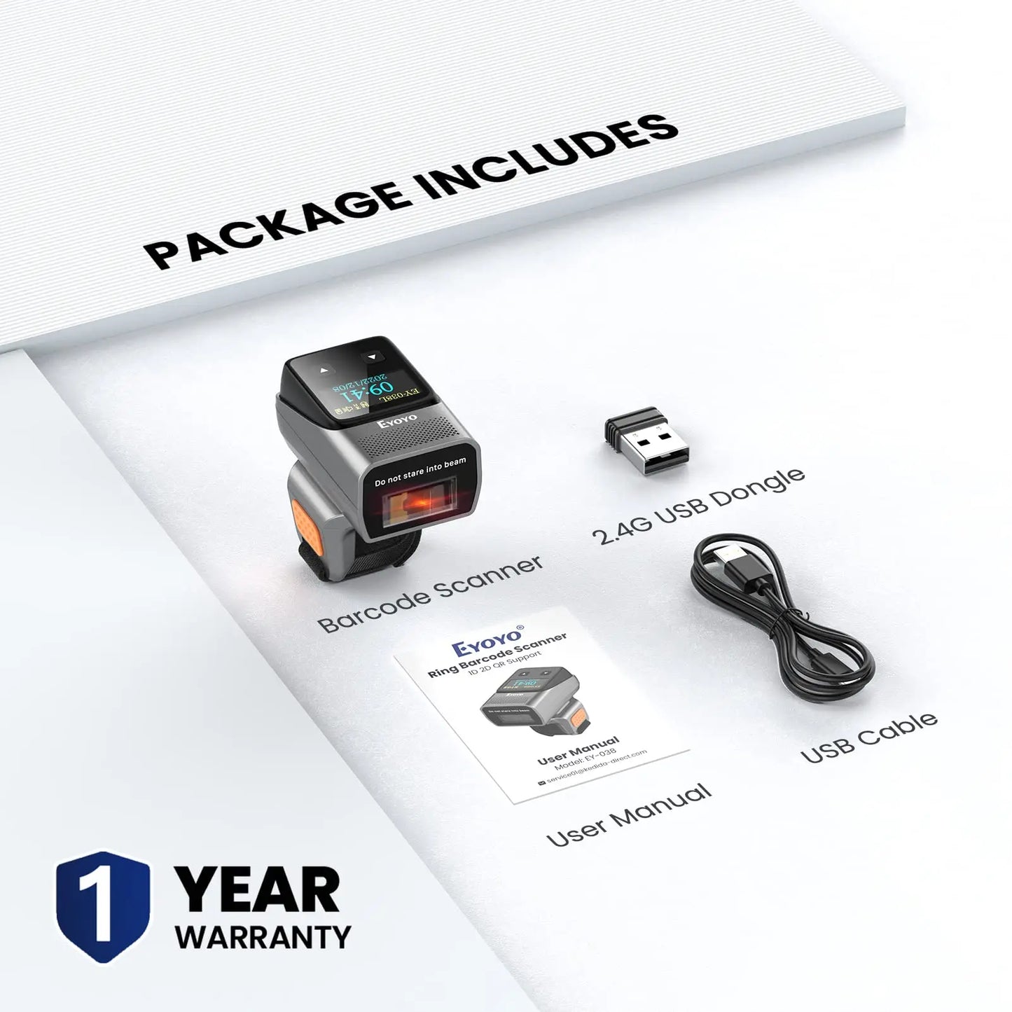 Eyoyo EY-038 Ring Barcode Scanner with Screen.1D Laser/2D Mini Wearable Bluetooth Finger QR Code Reader.Support Screen Scanning