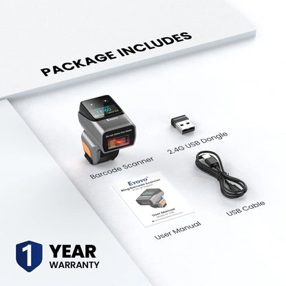 Eyoyo EY-038 Ring Barcode Scanner with Screen.1D Laser/2D Mini Wearable Bluetooth Finger QR Code Reader.Support Screen Scanning