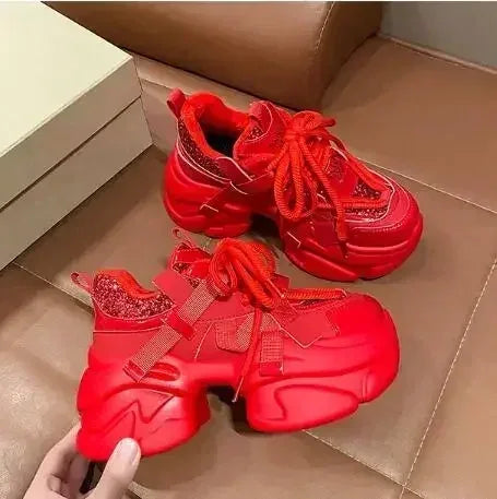 8CM Women Bling Red Chunky Sneakers Winter High Platform Warm Fur Shoes Ladies Wedges Casual Dad Shoes Leather Sports Sneakers
