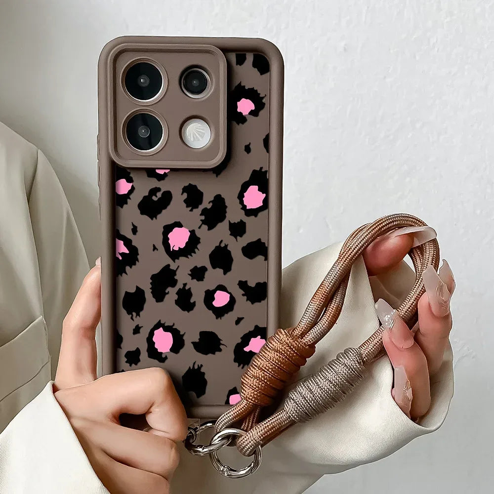 Phone Case For Xiaomi 14T 12T 13T 11T 15 14 12 13 Poco X6 X5 X3 F3 F5 Pro Lite Leopard Print Wrist Chain Lanyard Hang Strap Case