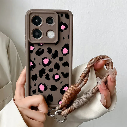 Phone Case For Xiaomi 14T 12T 13T 11T 15 14 12 13 Poco X6 X5 X3 F3 F5 Pro Lite Leopard Print Wrist Chain Lanyard Hang Strap Case