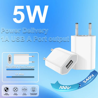 5V/1A Mini EU Plug Charger USB Mobile Phones Charger USB-C Quick Charger Wall Power Adapter Chargers For iPhone Samsung Xiaomi