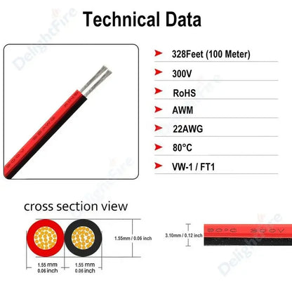 2 PIN Electrical Wire Tinned Copper PVC Insulated Red Black Cable For Single Color LED Strip Light Extension Wire 18/26/28 AWG