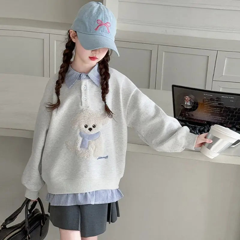 Sweatshirt Girls' 2025 New Faux Two-Piece Polo Hoodie Spring/Autumn Kids Medium-Large Loose Fit Cartoon Puppy Top
