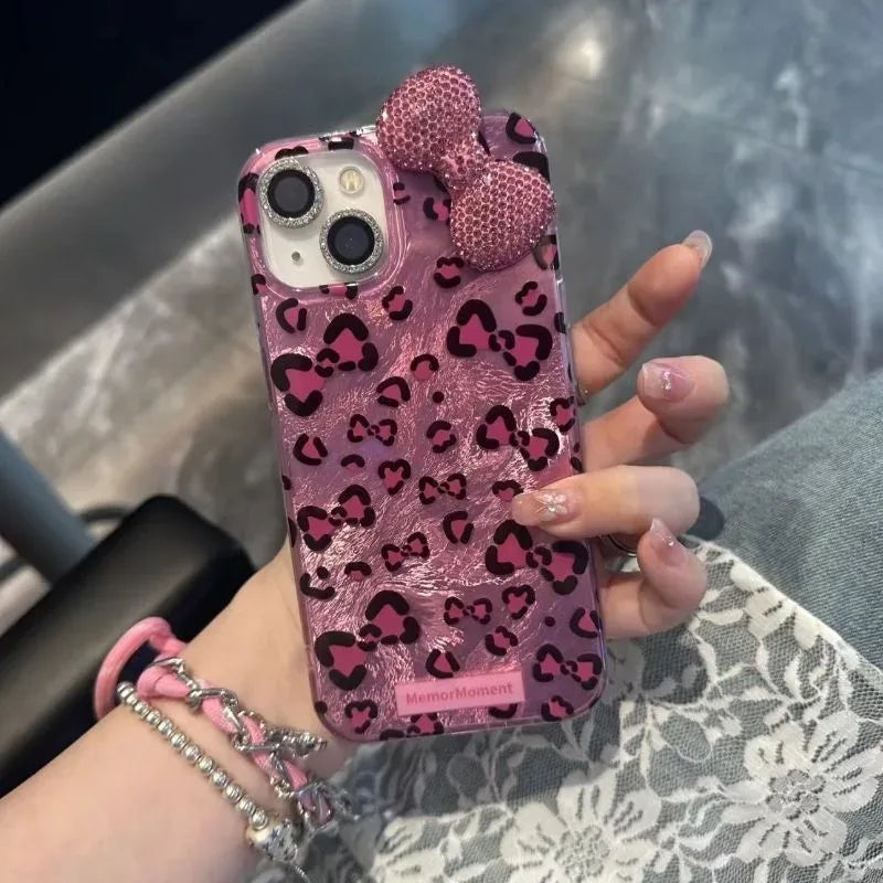 Sexy Leopard Diamond Bowknot Lustre Lining Phone Case for OPPO A18 A17 A16 A15 A38 A58 A78 A94 A74 A54 A57 A77 A53 A3X A40 A60