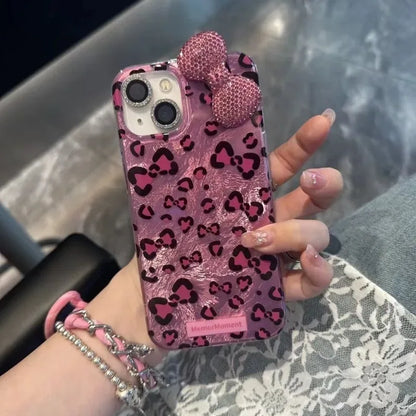Sexy Leopard Diamond Bowknot Lustre Lining Phone Case for OPPO A18 A17 A16 A15 A38 A58 A78 A94 A74 A54 A57 A77 A53 A3X A40 A60