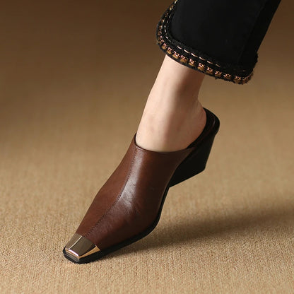 2025 New Ladies Genuine Leather Metal Head Mules Fashion Med Chunky Heels Summer Wedges Slippers Women Casual Office Shoes Woman