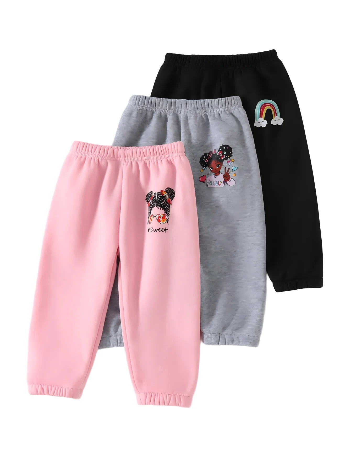 Cute autumn and winter baby girl casual thickened plush long pants, 3-piece set in black, pink, and gray