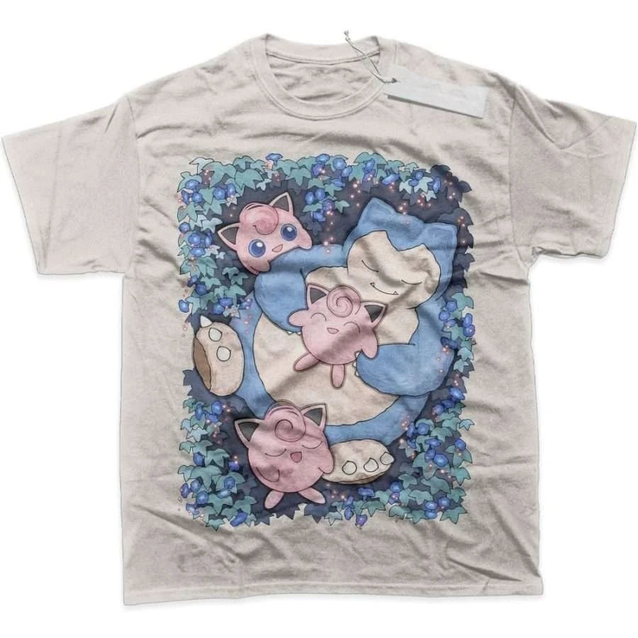 Men's T Shirt Men's Sports T Shirt Men's Short Sleeve T Shirt Pokemon Snorlax Sleeping with Two Jigglypuff on Blue Purple Leaf