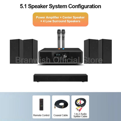 5.1 Channel Home Theater System 200W Peak Power Subwoofer Bluetooth 5.0 Wireless Microphone Wall Mount Speakers For Home KTV