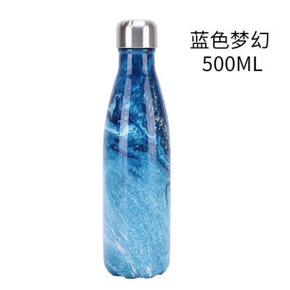500ml Cola Shape Insulated Bottle, 304 Stainless Steel Vacuum Flask, Marble/Print Portable Water Bottle