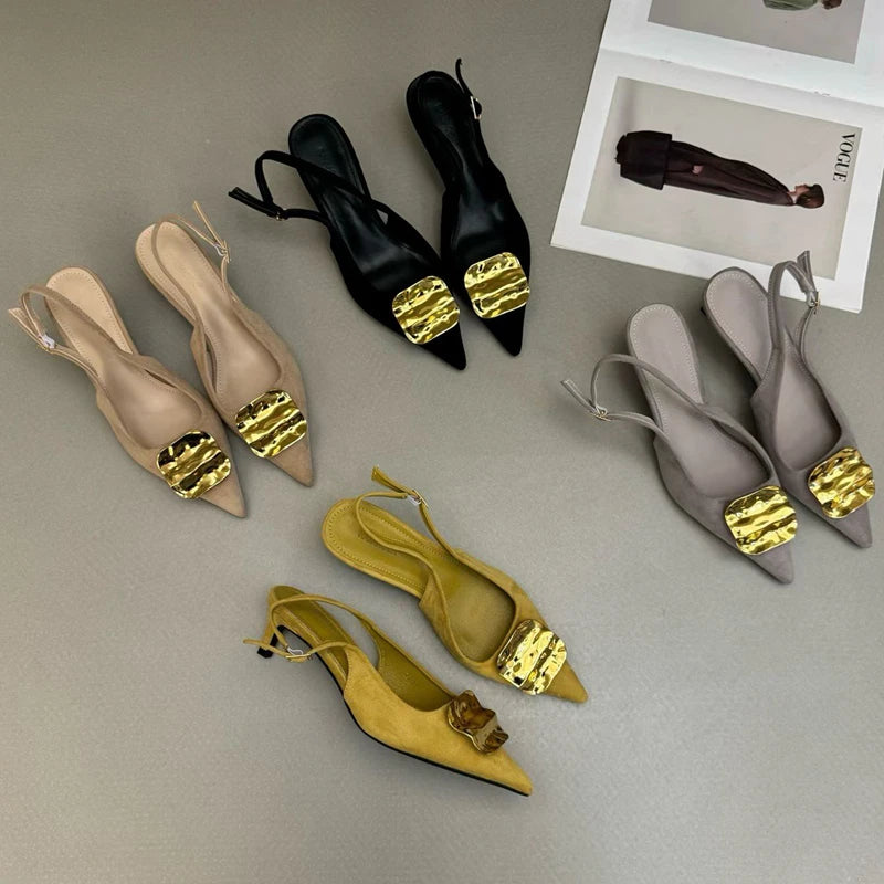 SUOJIALUN 2026 Summer New Brand Women Sandal Fashion Buckle Ladies Elegant Dress Slingback Shoes Thin High Heel Pointed Toe Pump