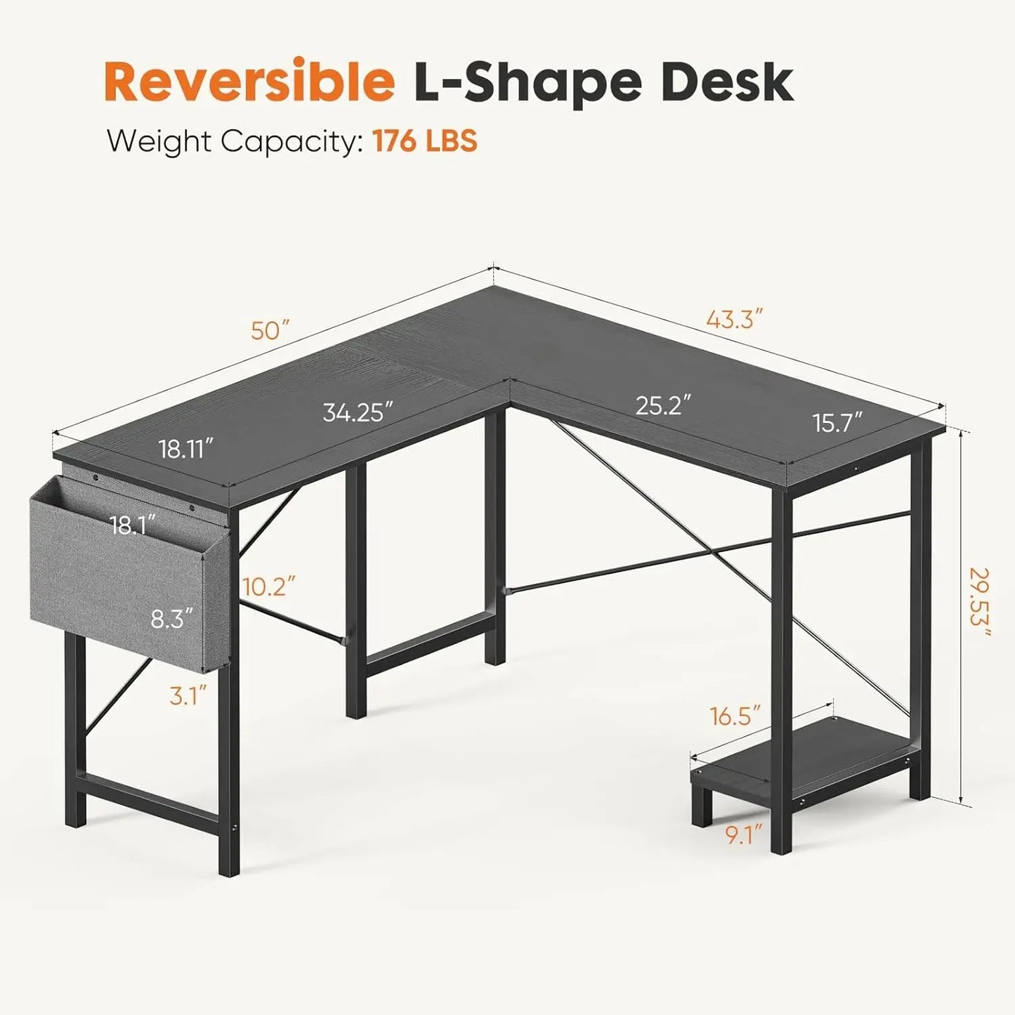 L-Shaped Gaming Desk with CPU Stand and Side Bag, Black, 50-Inch for Home Office or Dorm