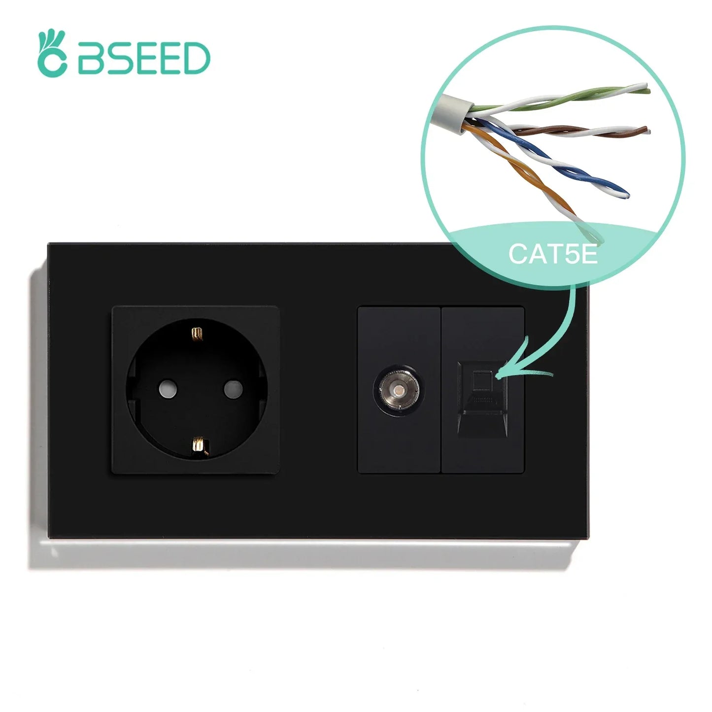 BSEED Single TV CAT5 Internet Socket Double EU Power Socket Triple Germany  With RJ45 Television Wall Sockets Glass Frame