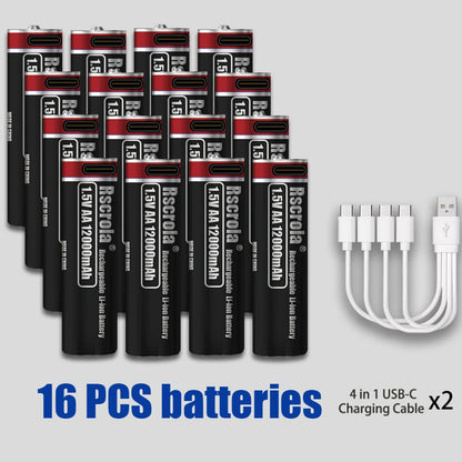2026 Hot Rechargeable Battery Lithium-ion 1.5V AA1200mAh Rechargeable Battery 1.5V AAA6800mAh Battery with USB-C Cables