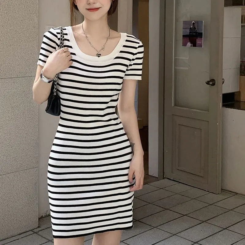 Fashion Striped Knitted Mini Dress Summer Korean Square Collar Waist Women's Clothing Slim Bag Hip Casual Short Sleeve Dresses
