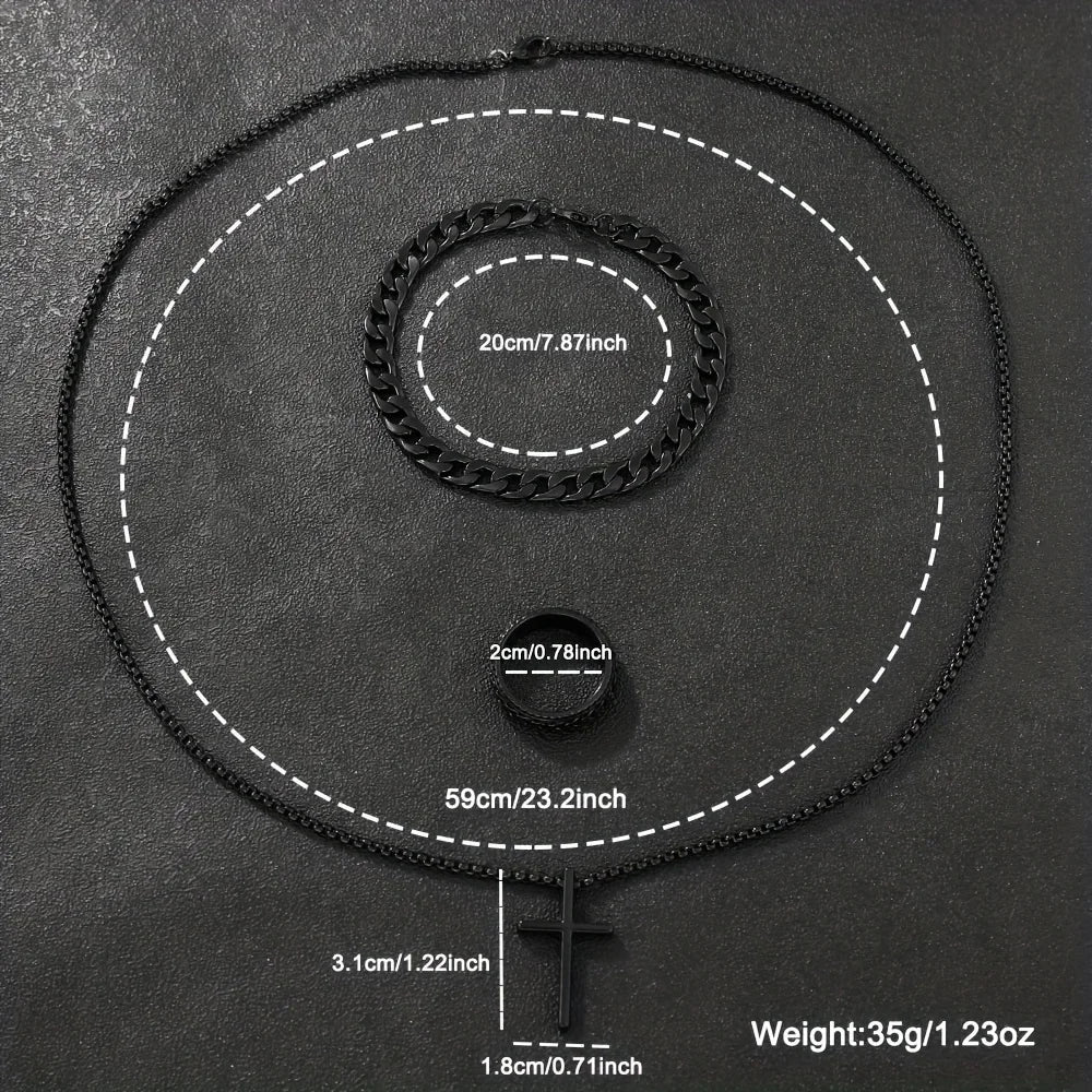 Ensemble 4 pièces pour homme : montre à quartz minimaliste noire avec bracelet, collier et bague -