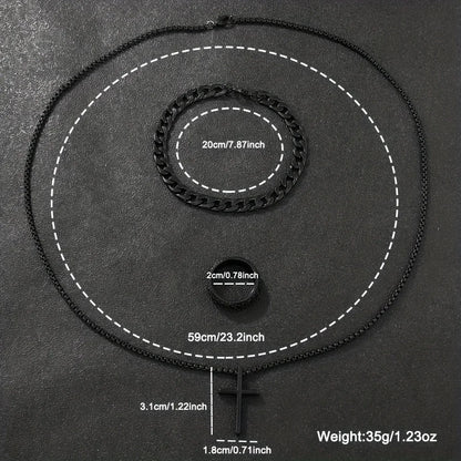 Ensemble 4 pièces pour homme : montre à quartz minimaliste noire avec bracelet, collier et bague -