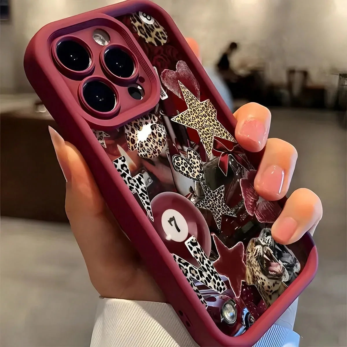 Burgundy Leopard Lips Pool Ball English Printed Phone Case For iPhone 17 16 15 14 13 12 11 Pro Max XS XR X 16 Plus 17 Air Cover