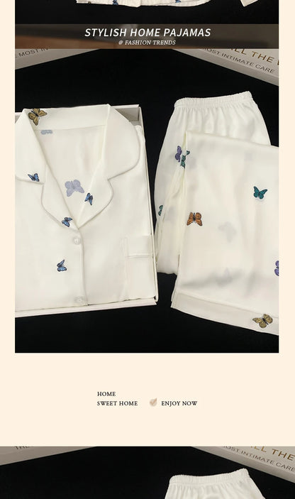 French Elegant Romantic Butterfly Print Women Pajamas Simple Ins Literary Aesthetics Sleepwear 2024 Fall Winter New Y2k Lounges