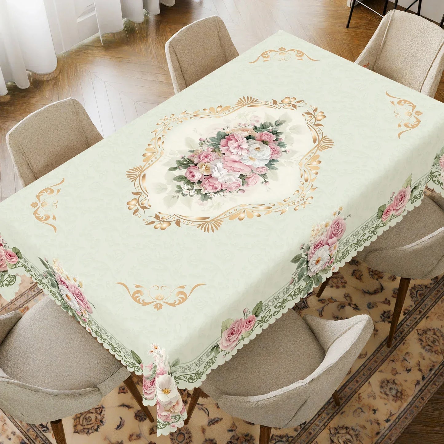 1 Piece, Elegant Retro Style Pink Rose Theme Tablecloth + 4 Self-Adhesive Stickers, Wedding Atmosphere Decoration, Embossed Edges, Suitable for Home Kitchen, Living Room Dining Table Balcony Coffee Table, Holiday Party Holida