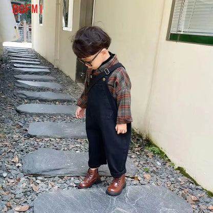 Korean Children's Clothing Girl Boys Suspender Pants+ Checkered Shirt Set Girls Baby Shirt Outfits Spring Autumn Kids Jeans Sets